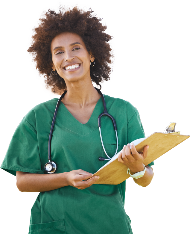 Female medical professional in green scrubs